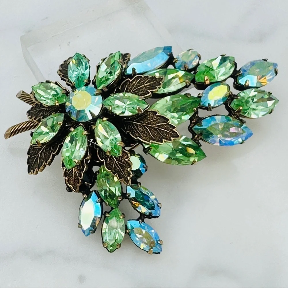 Vintage Signed Regency Brooch Pin Green Blue AB Navette Rhinestone Rare 50s 60s